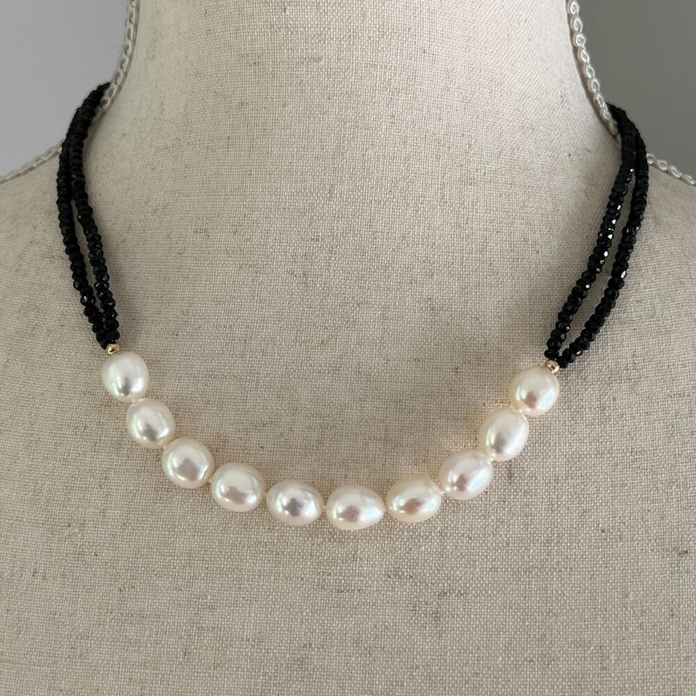 Special Occasion White Pearl Necklace with Black Beads 14K Yellow Gold Clasp